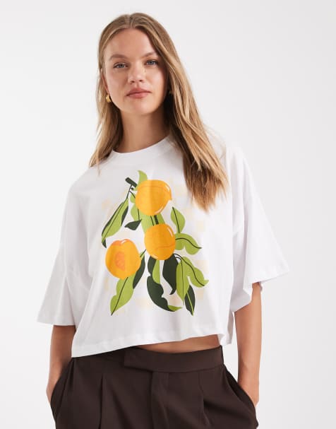 ONLY orange graphic crop t-shirt in white - view 1
