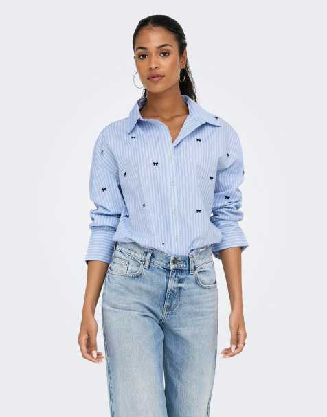 ONLY Oregon striped oversized shirt collar long sleeve embroidered in blue - view 1