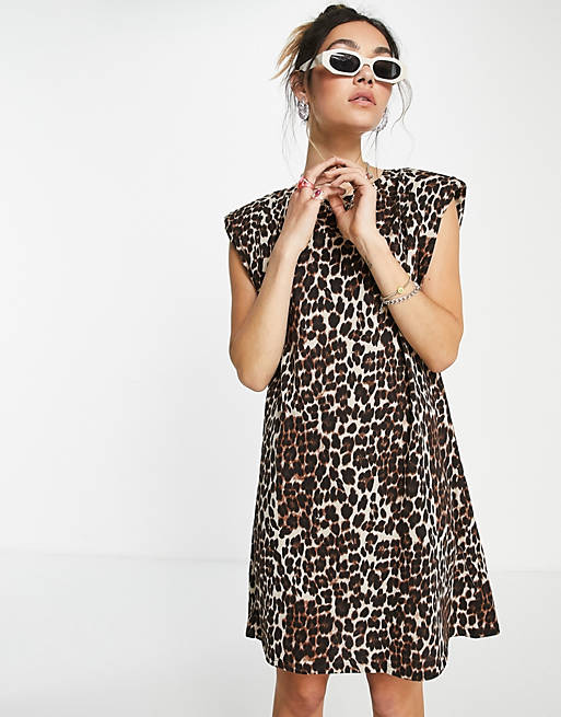 Women Only organic cotton t-shirt dress with padded shoulder in leopard print 