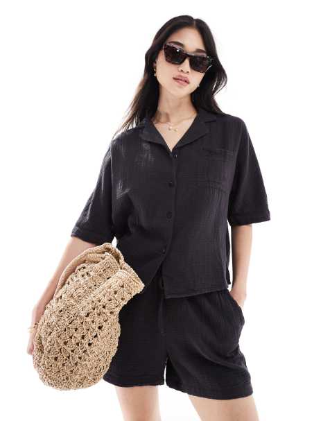 Only - Overhemd van kaasdoek met knoopsluiting in zwart met wassing, deel van co-ord set - view 1
