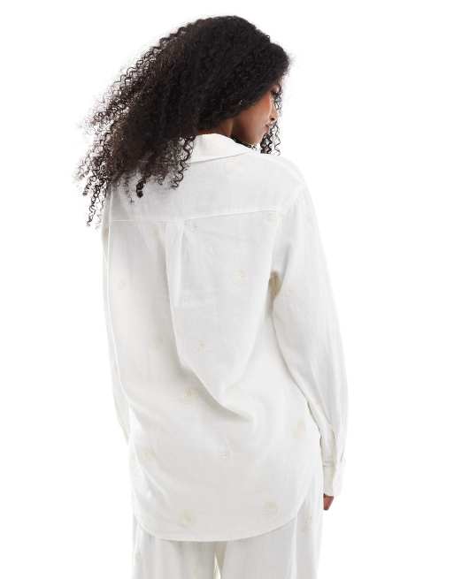 ONLY - Overhemd van linnenmix met borduursels en lange mouwen in wit, deel van co-ord set, 4 van 4