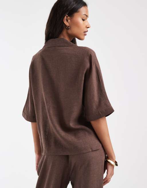 ONLY - Overhemd van linnenmix met korte mouwen in donkerbruin, deel van co-ord set, 4 van 4
