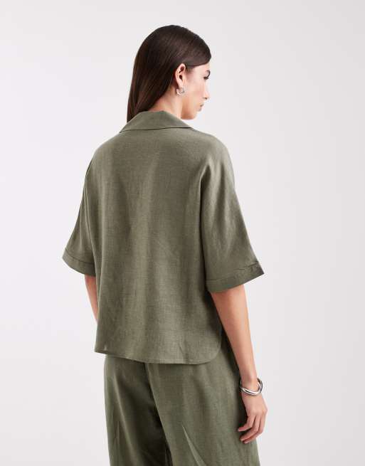ONLY - Overhemd van linnenmix met korte mouwen in licht kaki, deel van co-ord set, 2 van 4