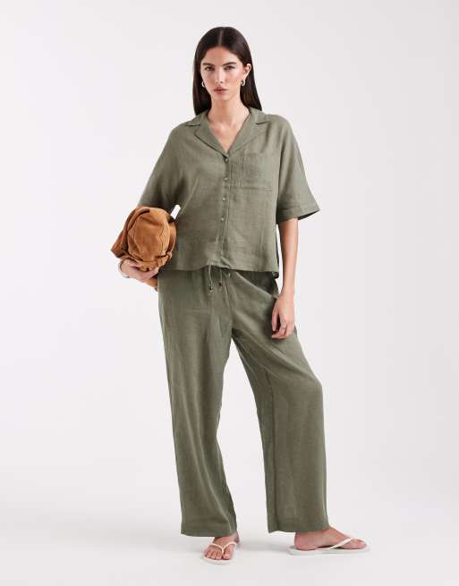 ONLY - Overhemd van linnenmix met korte mouwen in licht kaki, deel van co-ord set, 3 van 4
