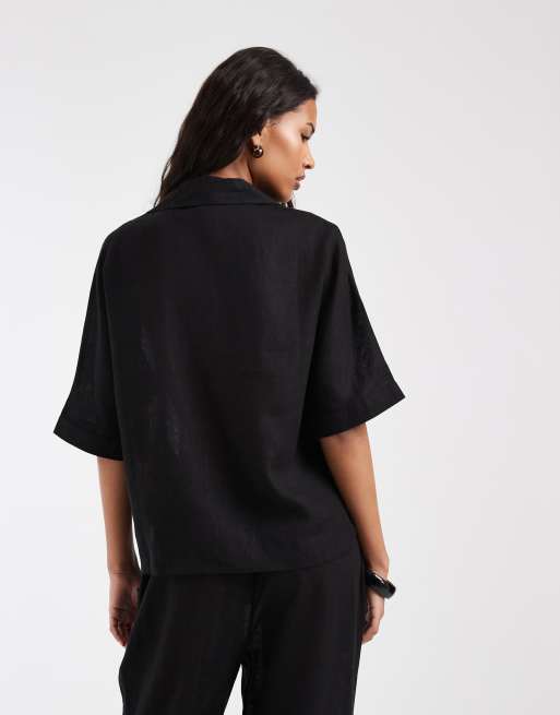 ONLY - Overhemd van linnenmix met korte mouwen in zwart, deel van co-ord set, 4 van 4