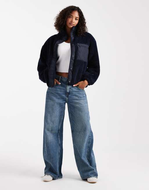 ONLY oversize contrast pocket fleece in navy, 3 of 4