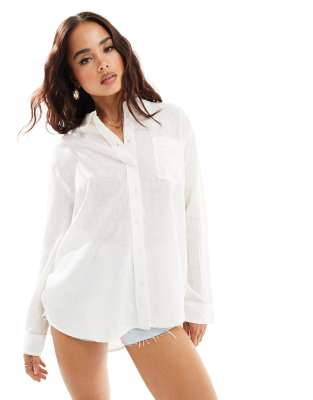Thumbnail - ONLY - Oversize-Hemdbluse aus Leinen in Weiß, Kombiteil