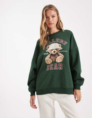 ONLY - Oversize-Sweatshirt in Dunkelgrün mit Teddybär-Aufdruck