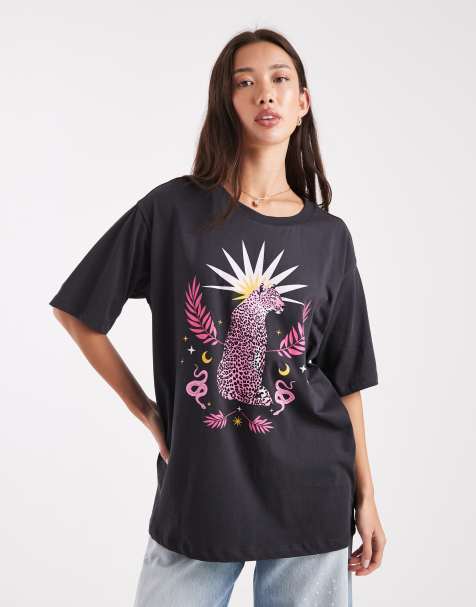 ONLY – Oversize-T-Shirt in Anthrazit mit Leopardengrafik - view 1