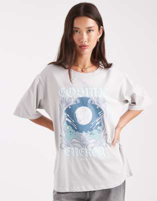 Only - Oversize-T-Shirt in Dunkelgrau mit „Cosmic"-Grafik