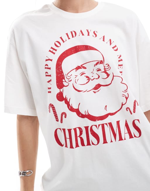 ONLY – Oversize-T-Shirt in Weiß mit Vintage-Weihnachtsprint, 3 von 4