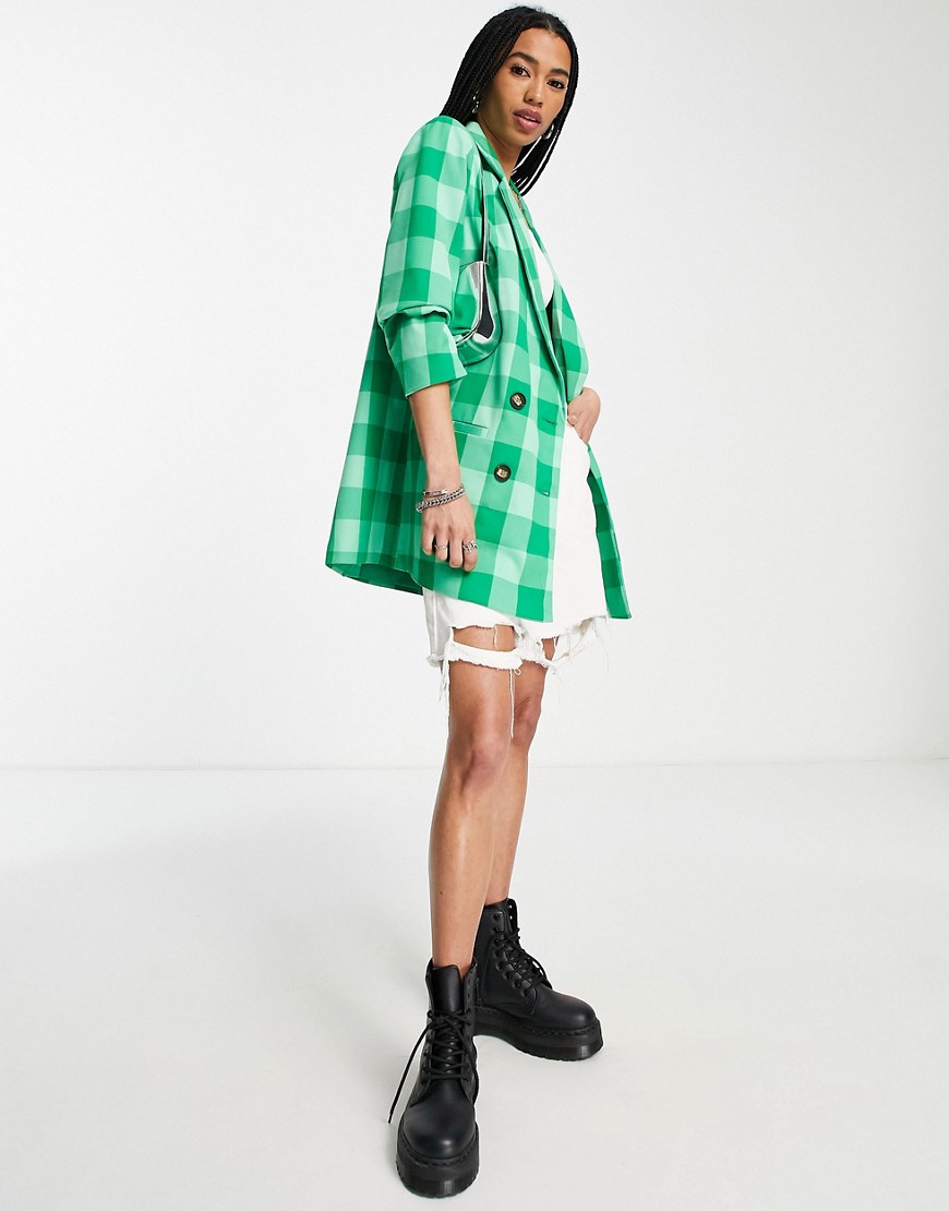 Only oversized blazer in bright green picnic check