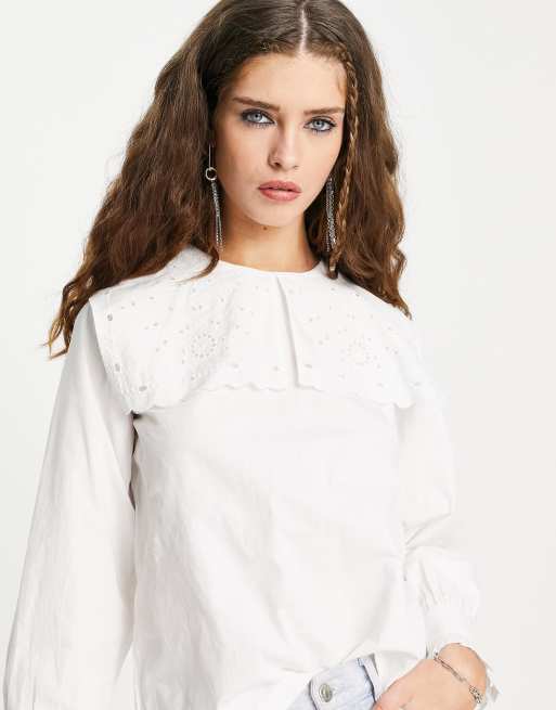 Only oversized broderie collar blouse in white | ASOS