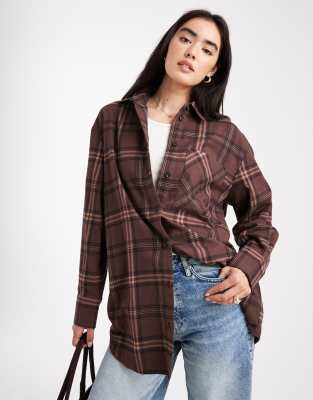 ONLY ONLY oversized check flannel shirt in brown