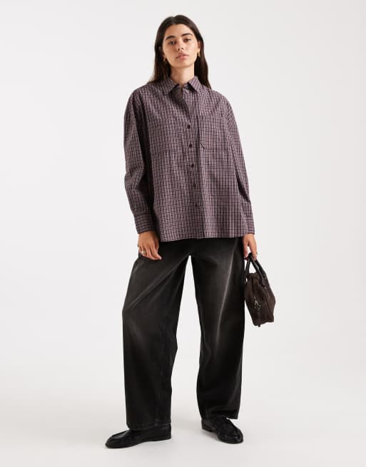 ONLY oversized check shirt in burgundy, 4 of 4