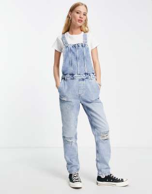 Only oversized denim dungares in light blue wash