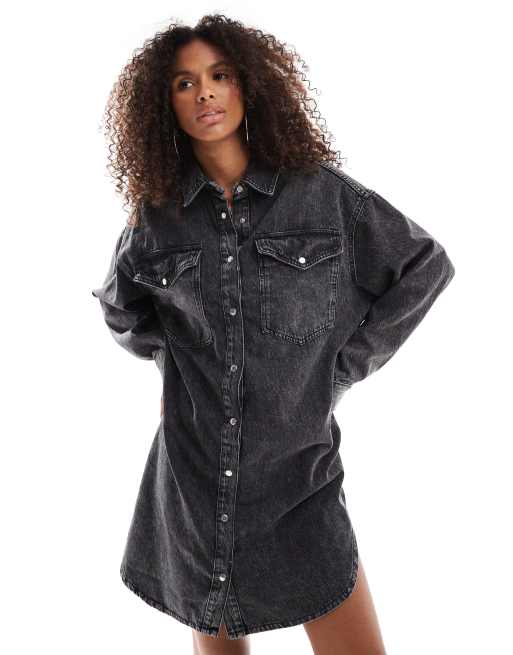 ONLY oversized denim mini shirt dress in acid wash grey ASOS