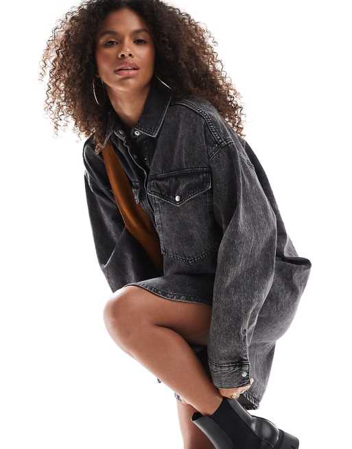 ONLY oversized denim mini shirt dress in acid wash grey | ASOS