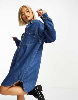 oversized denim mini shirt dress in mid blue