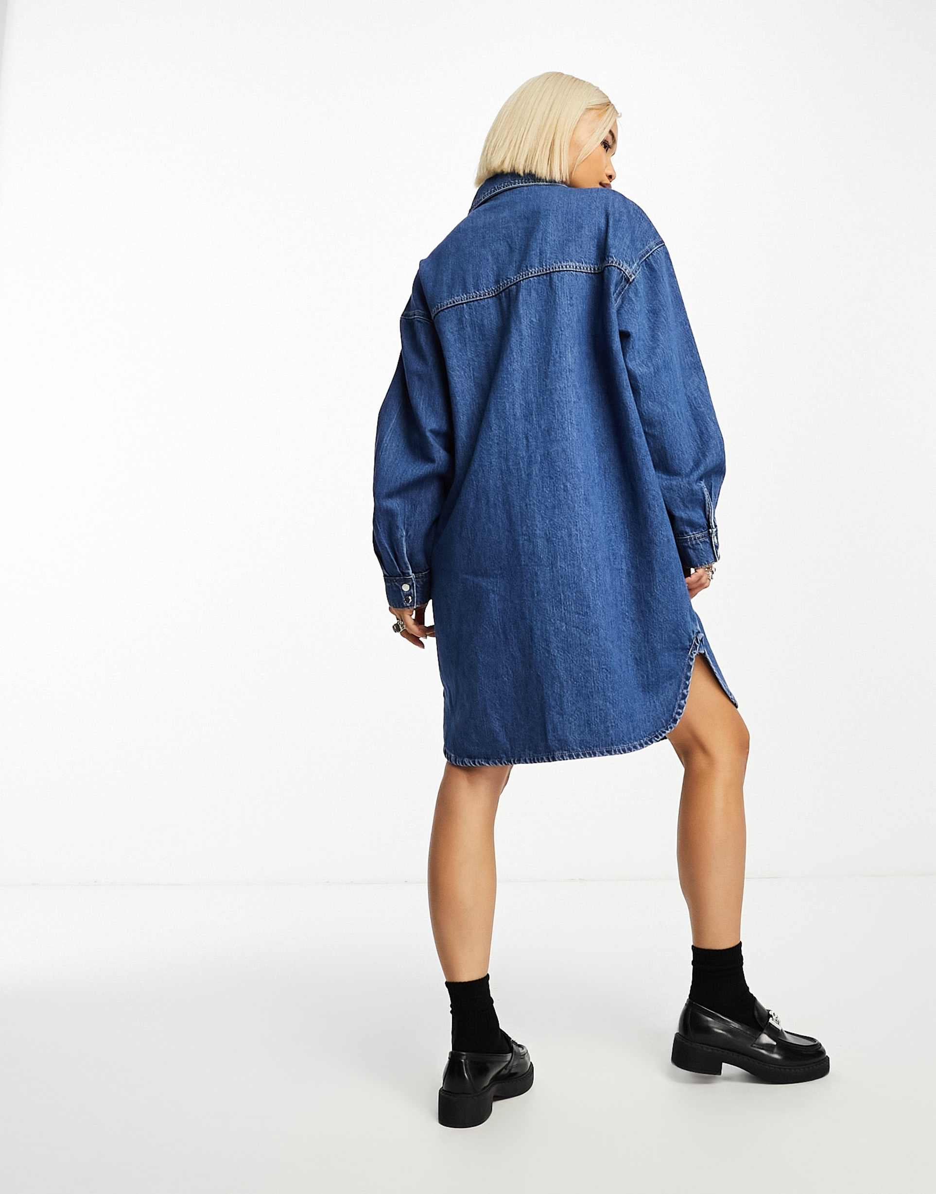 only oversized denim mini shirt dress in mid blue
