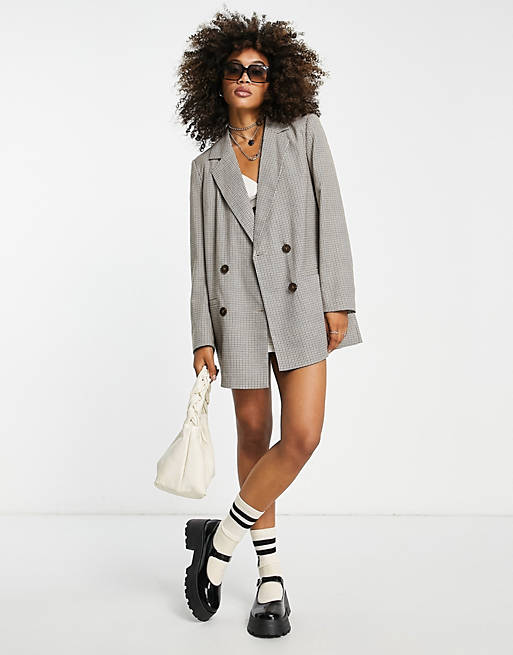 Only oversized double breasted blazer in brown check | ASOS