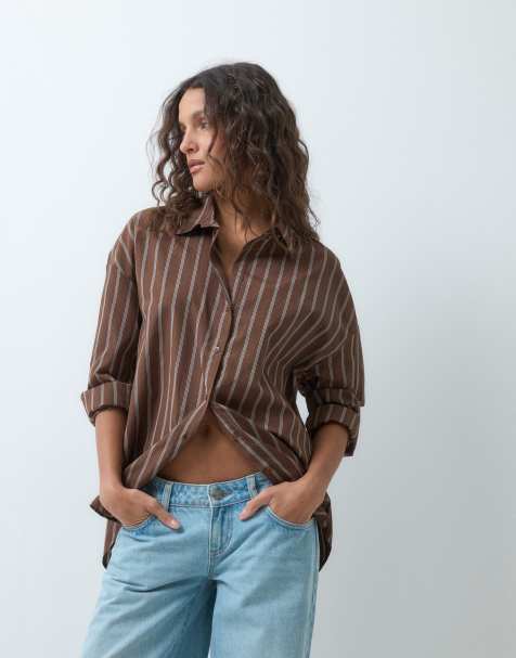 ONLY oversized drop hem shirt in brown & cream stripe - view 1