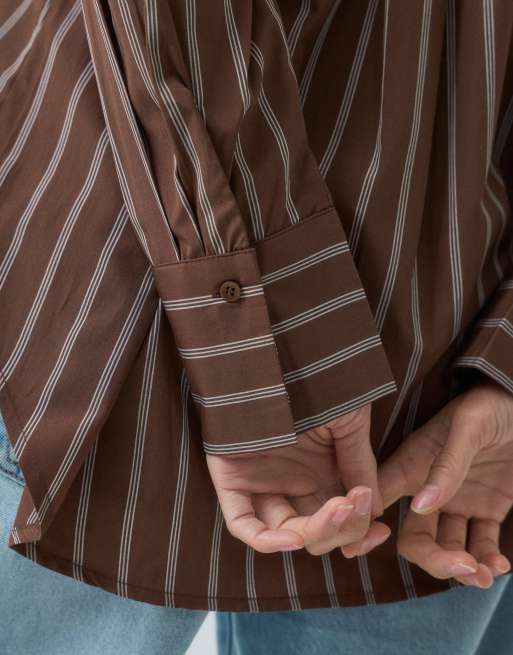 ONLY oversized drop hem shirt in brown & cream stripe, 2 of 5
