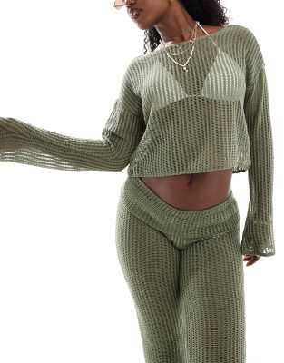 Only Oversized Drop Shoulder Long Sleeve Lettuce Edge Top In Sage Green - Part Of A Set