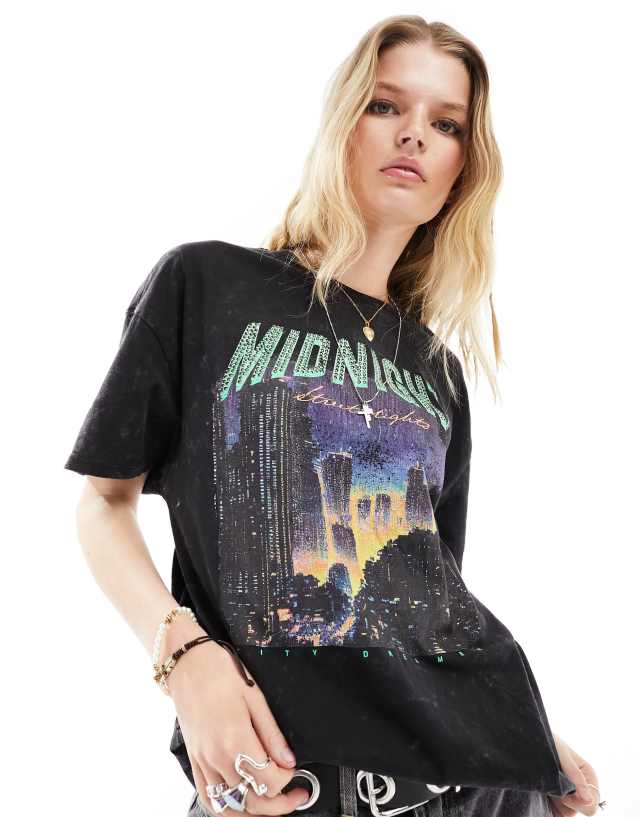 ONLY - oversized embellished graphic t-shirt in washed black