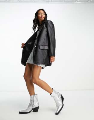 Only Oversized Faux Leather Blazer In Black