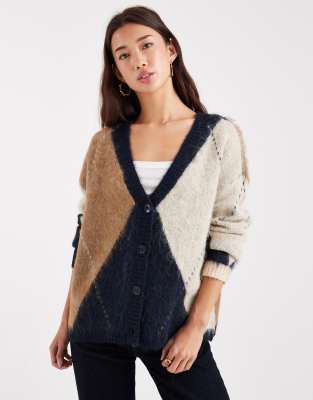 ONLY oversized fluffy cardigan in navy argyle-Blue