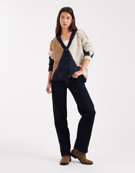 ONLY oversized fluffy cardigan in navy argyle, 2 of 4