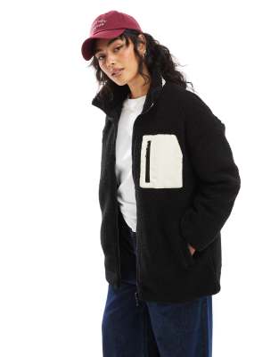 oversized funnel neck teddy fleece jacket in black