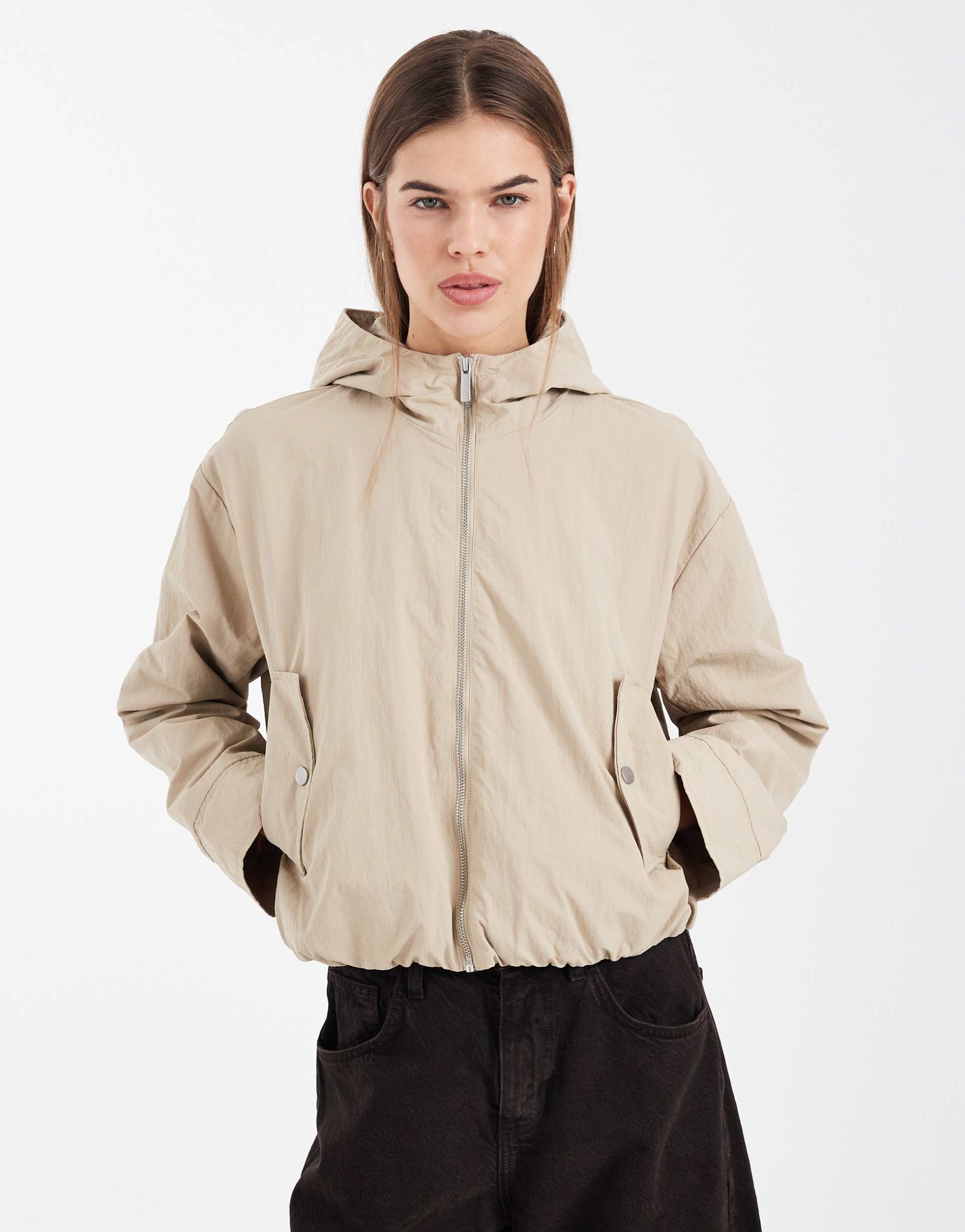 only oversized hooded bomber jacket in matt beige