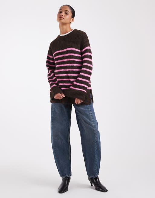ONLY oversized knitted jumper in brown & pink stripes, 2 of 4