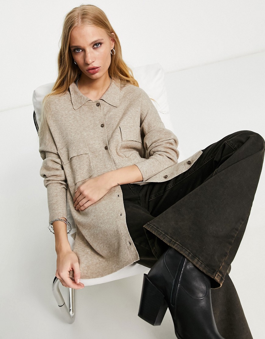 Only oversized knitted shirt with front pocket detail in beige-Brown