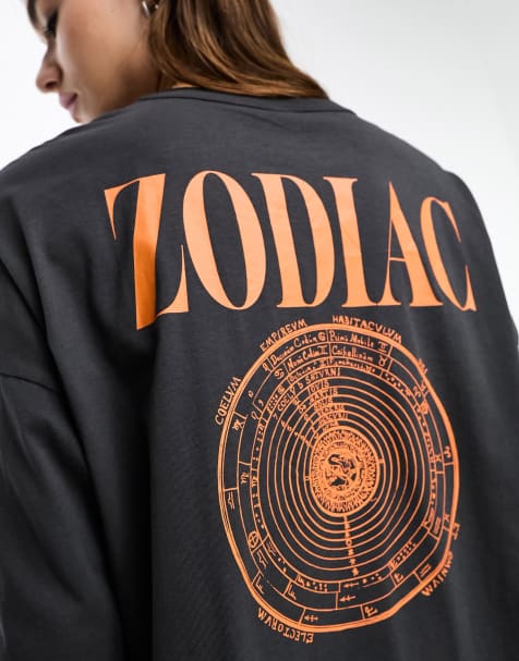 ONLY oversized long sleeve graphic t-shirt in grey zodiac print - view 1