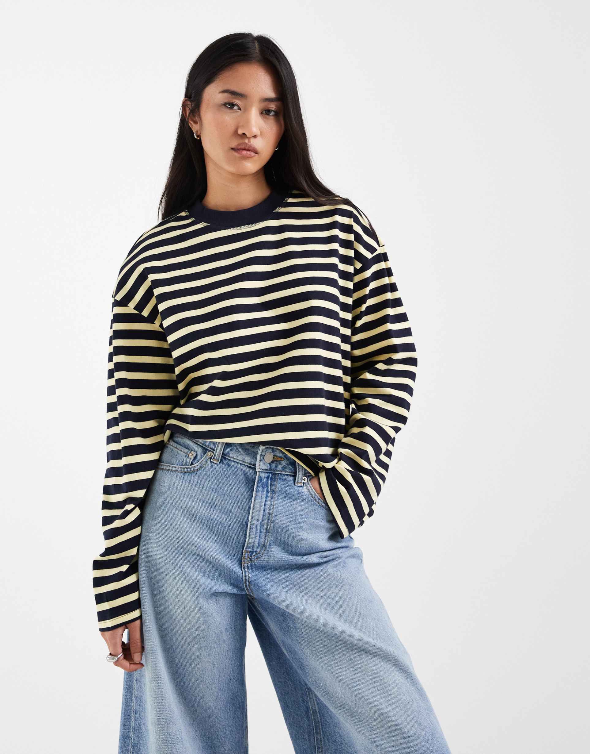 only oversized long sleeve t-shirt in brown & cream stripes