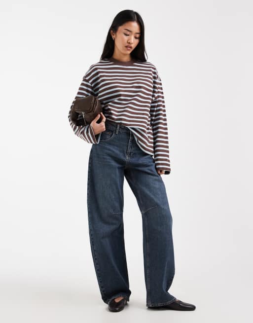 ONLY oversized long sleeve t-shirt in pale blue & brown stripes, 2 of 4