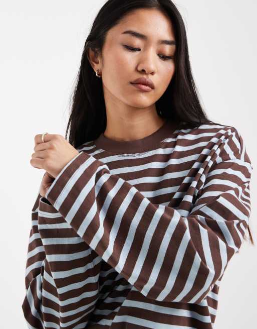 ONLY oversized long sleeve t-shirt in pale blue & brown stripes, 3 of 4