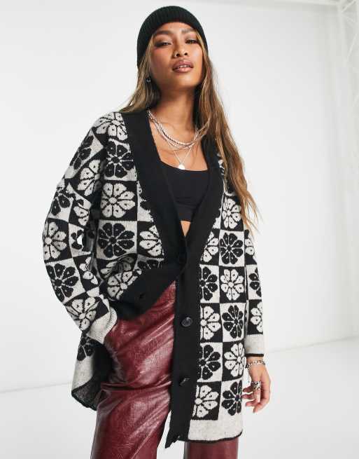 Only oversized longline cardigan in black checkerboard flower