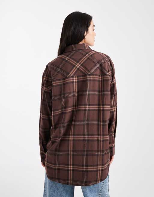 ONLY oversized plaid flannel shirt in brown | ASOS