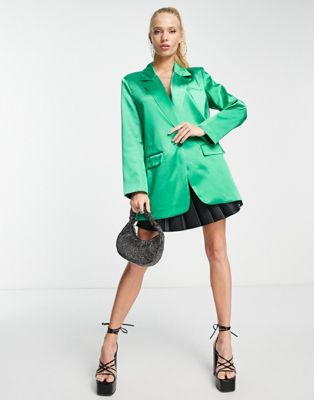 Only oversized satin blazer co-ord in bright green