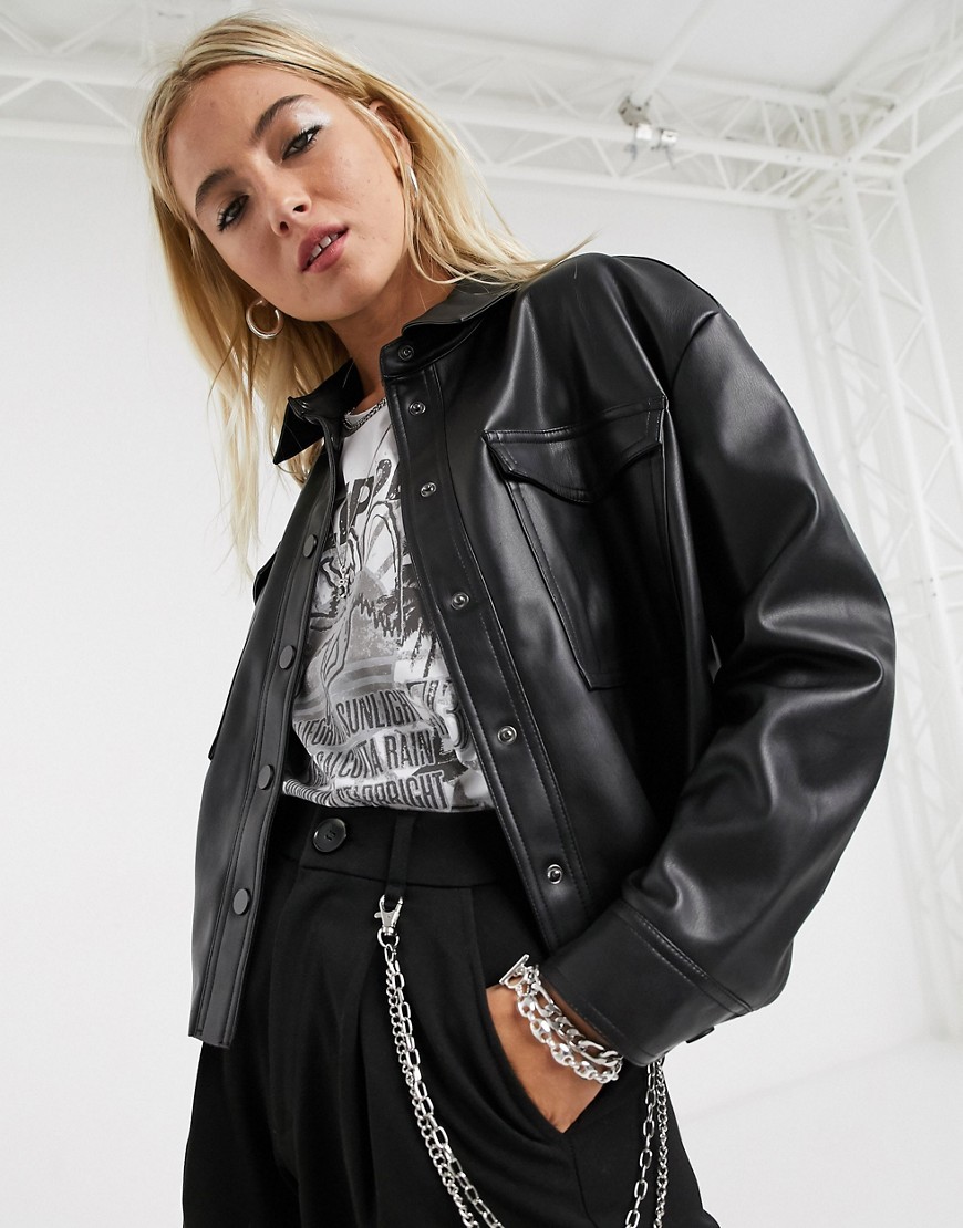 Only oversized shirt jacket in black faux leather