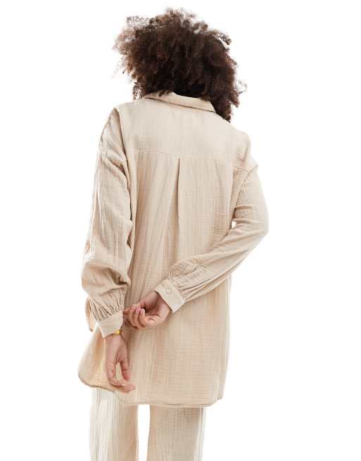 ONLY - Oversized skjorte i lys beige ostelærred - Del af sæt , 3 af 4