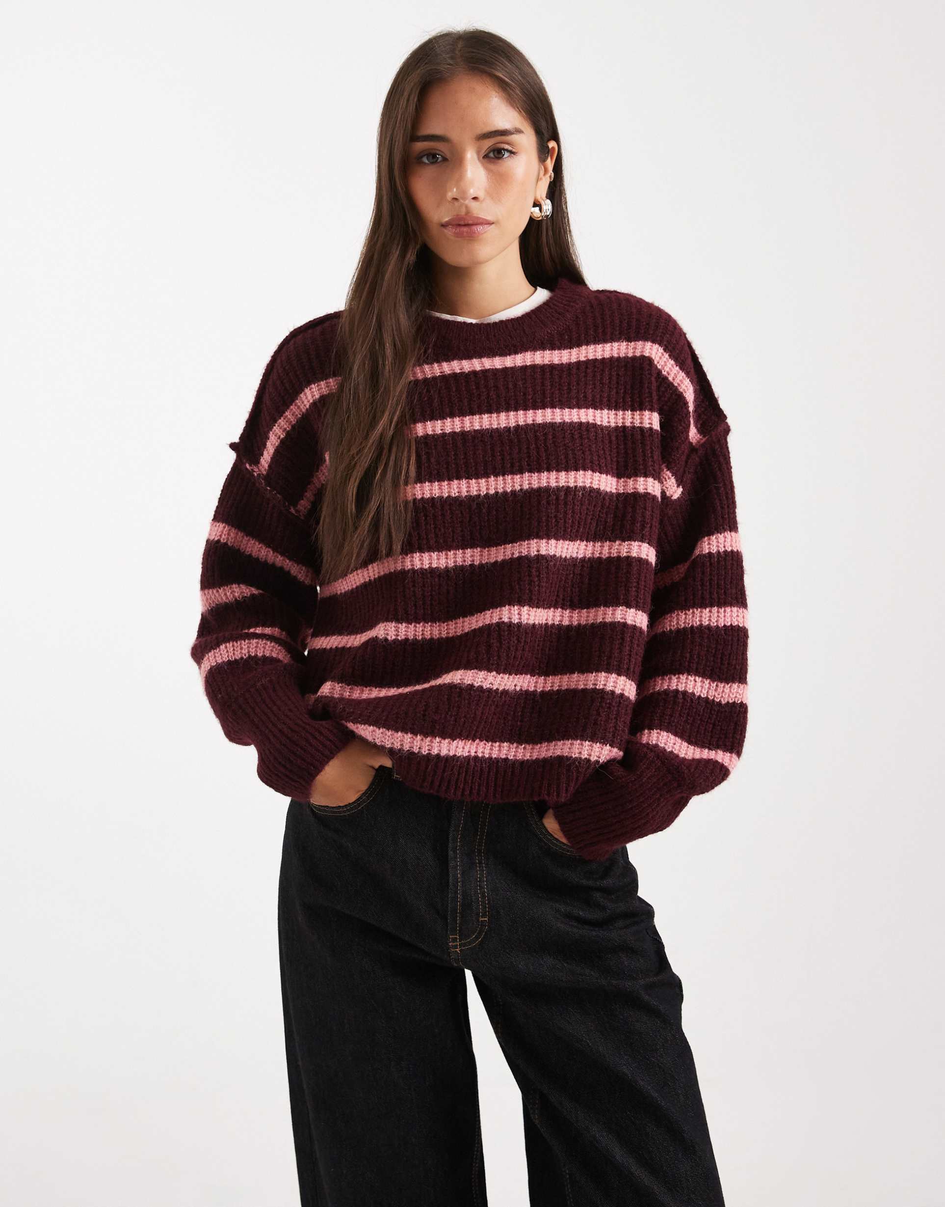 only oversized slouchy sweater in burgundy and pink stripe