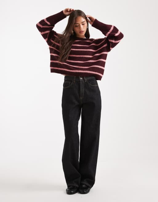 ONLY oversized slouchy sweater in burgundy and pink stripe, 2 of 4