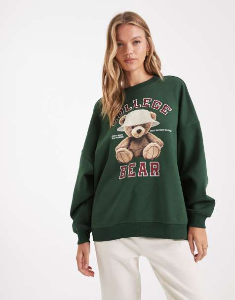 ONLY - Oversized sweatshirt met teddybeerprint in donkergroen - view 1