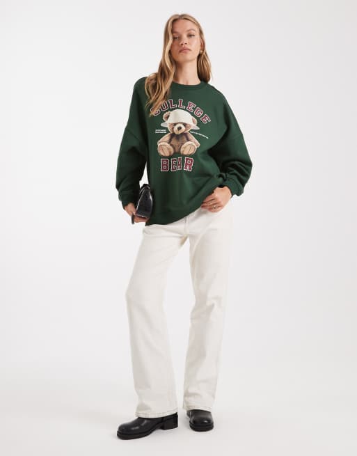 ONLY oversized sweatshirt with teddy bear print in dark green, 3 of 4