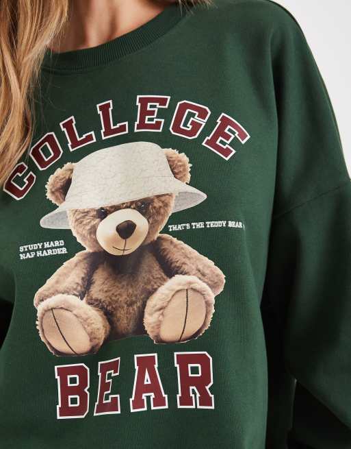 ONLY oversized sweatshirt with teddy bear print in dark green ASOS